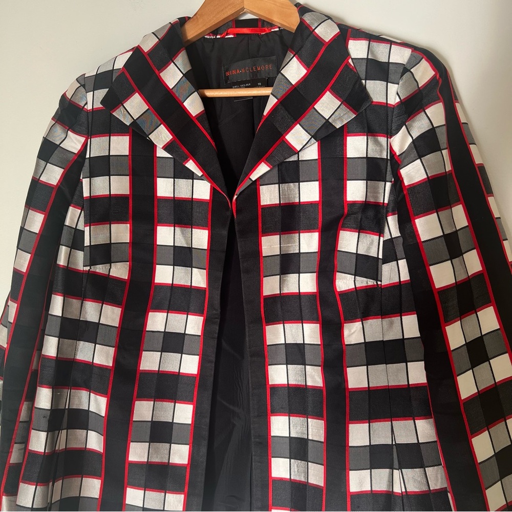 Nina Mclemore Red Black White Checked Silk Blazer Size 10 - Picture 14 of 15